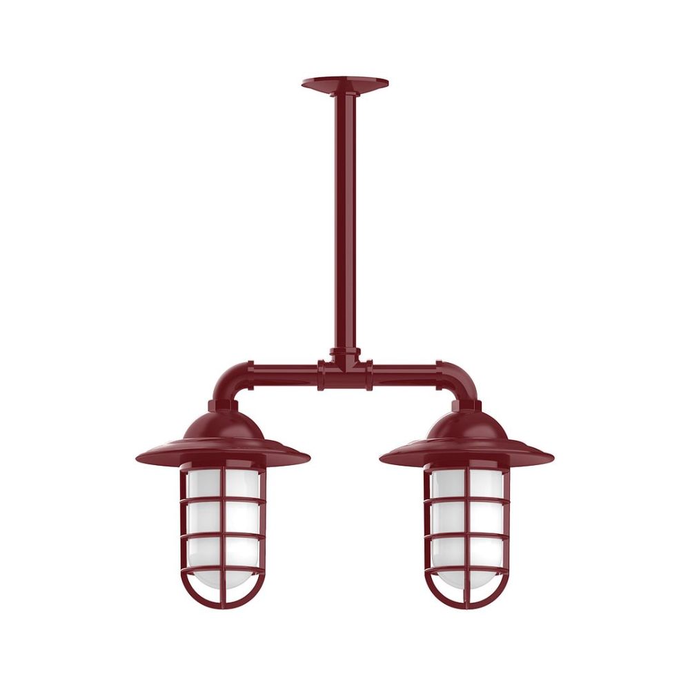 Montclair Lightworks MSA052-55-T30-G07 Vaportite, Style A shade, 2-light stem hung pendant with frosted glass and cast guard, Barn Red